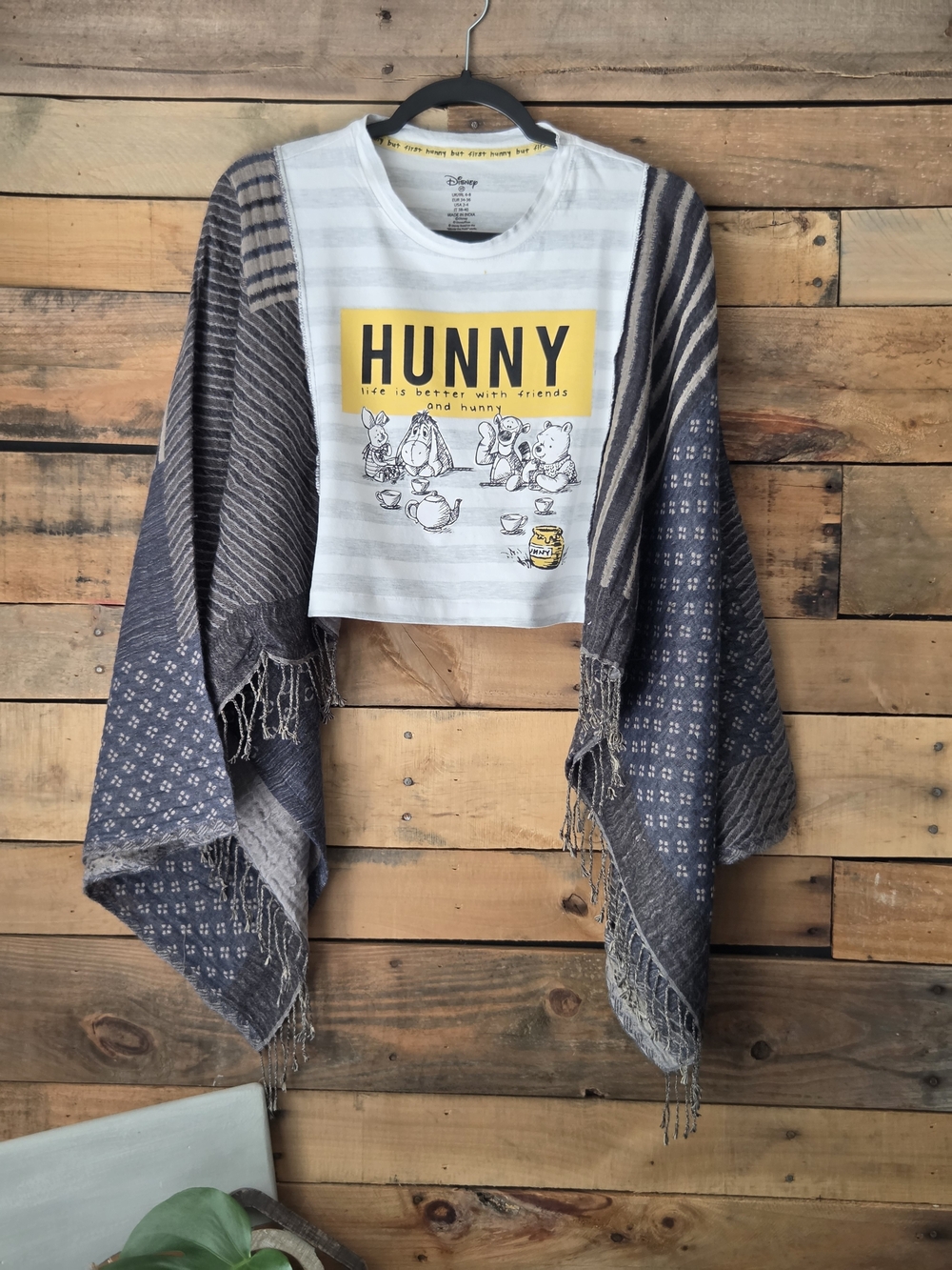Upcycled Disney "HUNNY" Winnie the Pooh Graphic Tee with Blue Fringe Wrap